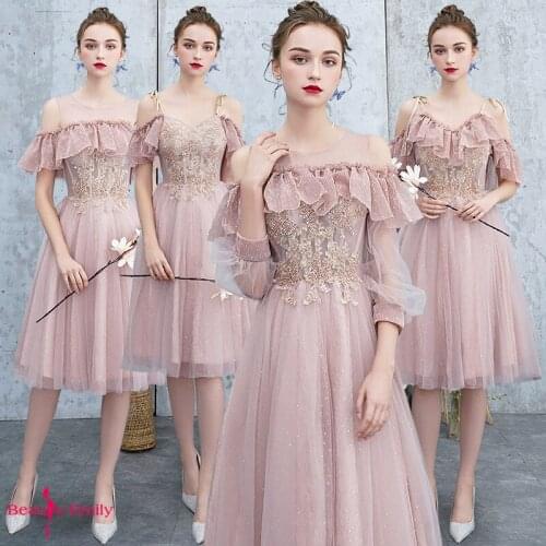 Beauty Emily Off The Shoulder Sequins Bridesmaid Dresses Tulle Hollow Elegant Short Sleeve Party Dress Pleated vestido de noiva