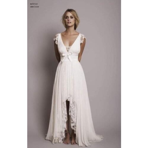 V Neck Open Back Beach Wedding Dress 2020 Hot Sexy White Backless Lace Wedding Gowns Vestidos De Noiva Casamento Dress Bride