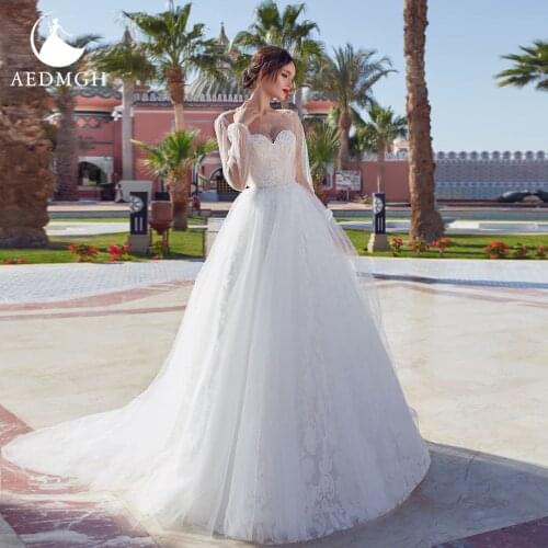 Aedmgh A-Line Beach Wedding Dresses 2021 O-Neck Long Sleeve Pearls Vestido De Novia Lace Applique Simple Tulle Robe De Marige