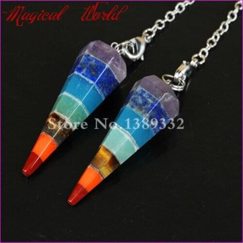 1Pc Rainbow 7 Chakra Layered Healing Dowsing Reiki Gems Druzy Nature Gems Stone Pendant Prism Charms Pendulum With Chain