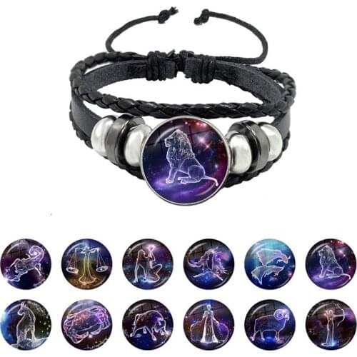 12 Constellation Zodiac Sign Bracelet Aquarius Pisces Aries Taurus Gemini Cancer Leo Virgo Black Braided Leather Bracelet Gift