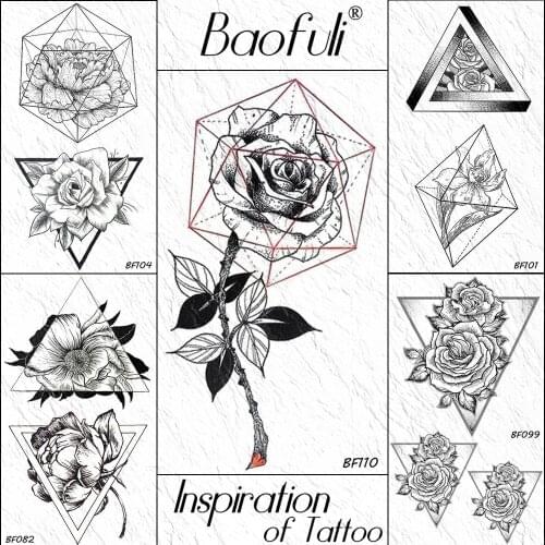 BAOFULI Geometric Diamond Temporary Rose Tattoo Flower Leaves Black Tatoo Stickers Men Women Body Art Fake Triangle Tattoo Paper