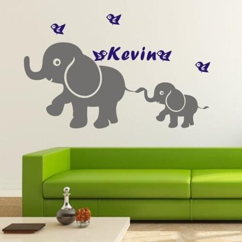Large size Cartoon Personalized Name Elephant Mom and kids Wall Decal Kids Nursery Room Decor vinyl sticker for baby KW-174