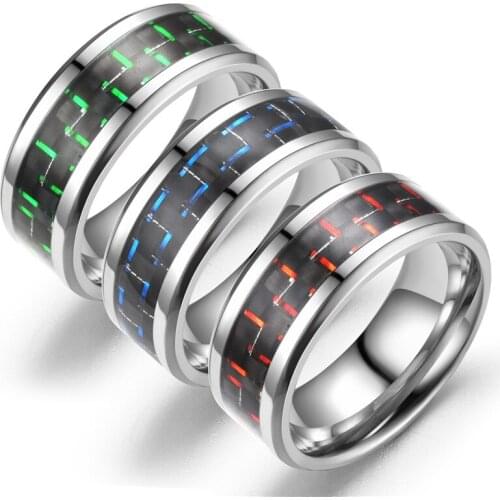 Black Carbon Fiber Mens Cool Rings 361L Stainless Steel Mans Fashion Red Blue Ring Anel Masculino Jewelry