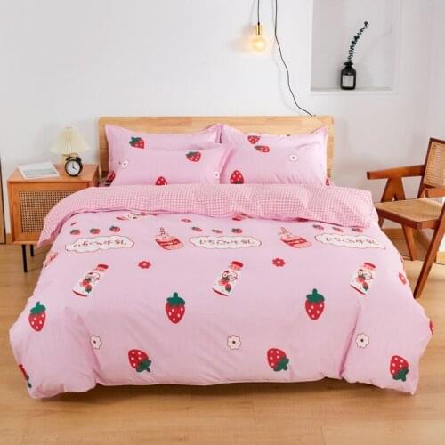 Pink Strawberry Cartoon Bedding Set Duvet Cover Pillowcase Bed Sheet Set Printing Quilt Cover Bed Flat Sheet Twin Queen