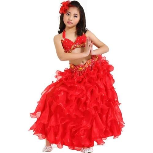Bollywood Dance Costumes for Kids Girls Belly Dance Clothing Indian Dance Suit Children Oriental Clothes Bra Belt Dress 3pcs/set