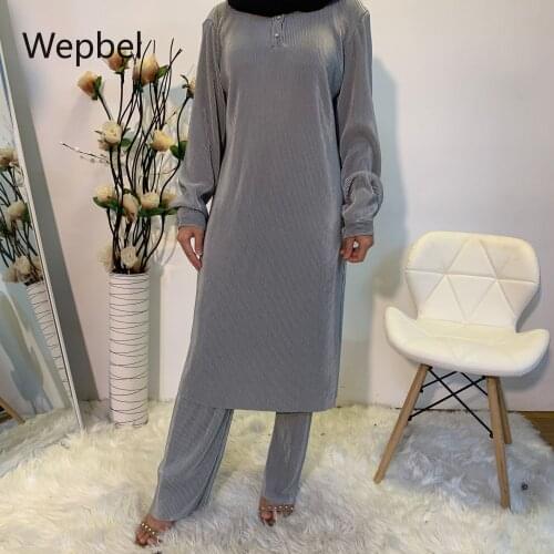 Weppel Solid Color Tops High Waist Pants Suits Arab Simple Plain Pleated Muslim Women Two-Piece Suit Islamic Women Sets Outfits