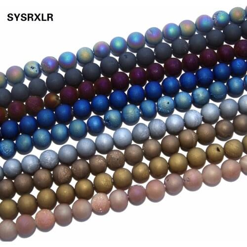 Natural Stone Metallic Titanium Coated Natural Druzy Quartz Agat Round Beads For Jewelry Making DIY Bracelet 6/8/10/12 MM Strand