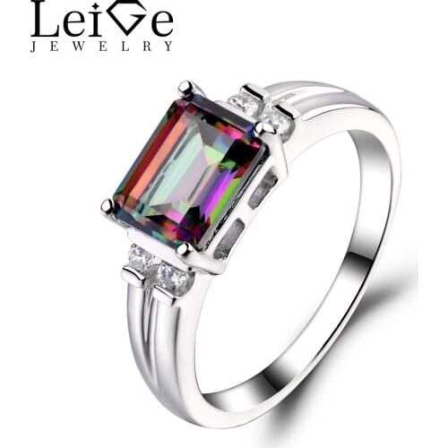 Leige Jewelry Mystic Topaz Ring Rainbow Topaz Emerald Cut Engagement Wedding Rings For Woman Sterling Sliver 925 Fine Jewelry