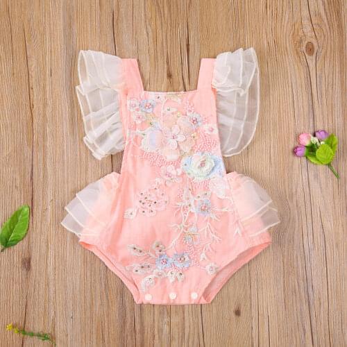 0-24M Summer Baby Girls Princess Rompers Lace Flowers Printed Ruffles Short Sleeve Lace Jumpsuits