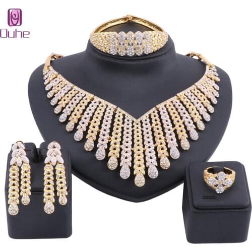 Fashion Bridal Earrings Necklace Bangle Ring Dubai Luxury Crystal Wedding Jewelry Sets Gold Color Womens Costume Jewellery Gift