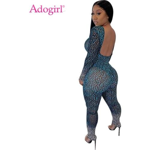 Adogirl Fashion Print Sheer Mesh Backless Jumpsuit Women Sexy O Neck Long Sleeve Skinny Romper Night Club Overalls Female Jumper