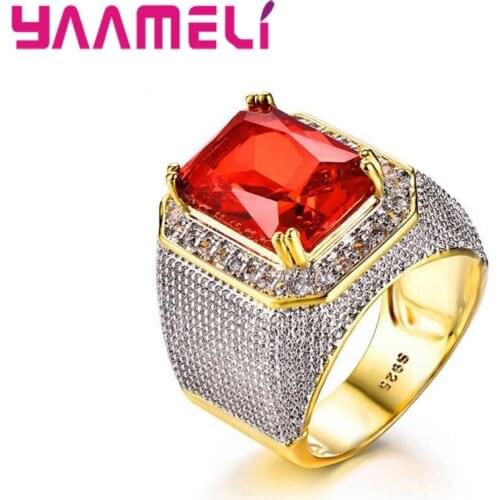 Hot Design Gold Color 925 Sterling Silver Mens Ring Bling Hip Hop Full Rhinestone AAA Zircon Paved Heavy Statement Jewelry