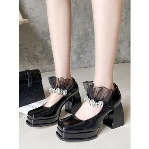 2021 Spring And Autumn Fashion New Black Lace One Word Buckle Rhinestones Exquisite Ladies High Heels Retro Mary Jane Shoes