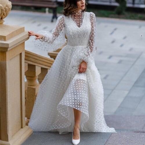 New Design Long Puffy Sleeve Dot Tulle Wedding Dresses 2021 for Bridal Sexy Illusion Bride Gown Vestidos De Noiva