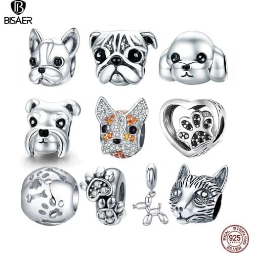 Dog Charm 925 Sterling Silver French Bulldog Charms Schnauzer Huskie Poodle Dog Beads Fit Original Bracelet DIY Jewelry Making