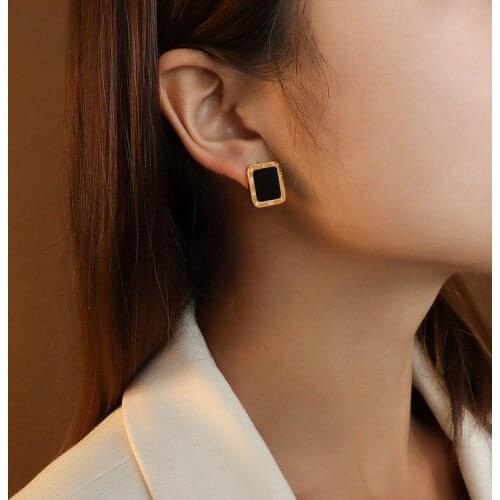 Rectangle Roman Numeral Stud Earrings Square Black Shell Titanium Steel 18K Gold Plated Earings Fashion Jewelry 2021