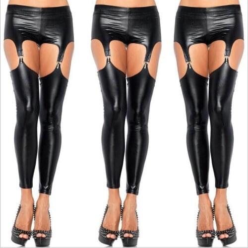 New Sexy Faux Leather Leggings Clip Garter Belt Women Garters Pants Sexy Lingerie Exotic Apparel Club Wear FX18