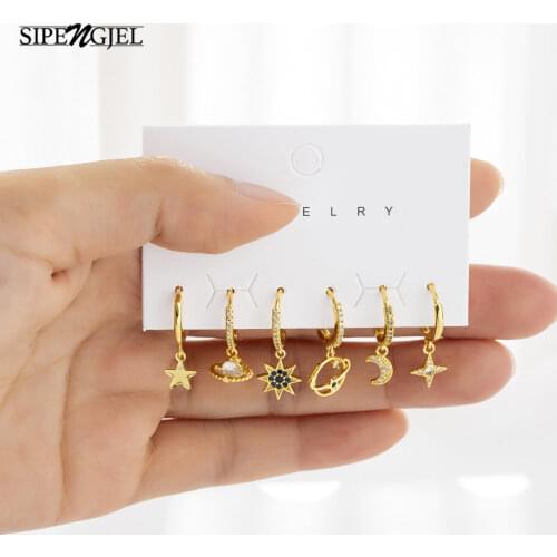 SIPENGJEL Fashion Mini Star Pendant Hoop Earrings Sets Black Crystal Drop Earrings For Women Party Jewelry 2021