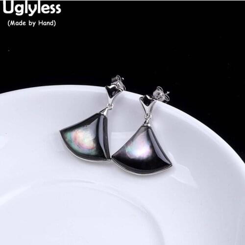 Uglyless Natural Black Shell Fan Earrings for Women Sexual Cold Wind Black Gemstones Earrings 925 Silver Brincos Jewelry E1577