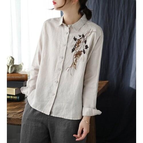 Spring Shirts Women Retro Embroidery Print Loose Turn-down Collar Linen Female Wild Tops Tide