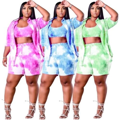 3XL Three Piece Womens Clothing Fashion Tie Dye Sexy Vest Personality Single Breasted Blouse Casual Short Suit Dropshipping