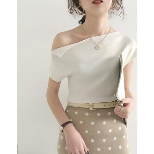 Tops Women 2021 Summer Skew Collar Off Shoulder Korean Fashion White Knitted T Shirt Women New Arrivals