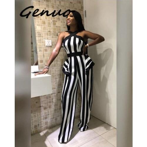 Women Stripe Printed Halter Wide Leg Bodycon Jumpsuits Casual Sleeveless High Waist Slim Fit Office Lady Night Club Jumpsuits