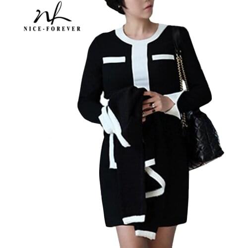 Nice-Forever Autumn Elegant Contrast Color Patchwork Dresses Formal Business Bodycon Fitted Women Dress bty840