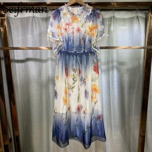 Seifrmann New 2021 Summer Women Fashion Designer Long Dress Batwing Sleeve Gorgeous Beading Ruffles Embroidery A-Line Dresses