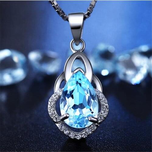 KOFSAC Luxury Blue Crystal Shiny CZ Pendants Necklaces For Women Engagement Charm 925 Sterling Silver Necklace High Jewelry Gift