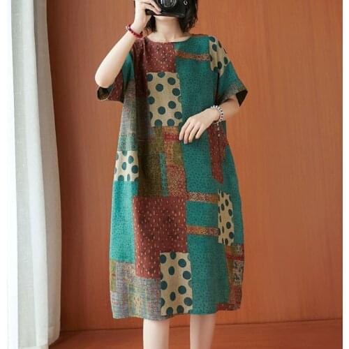 Oversized Women Cotton Linen Casual Dress New 2021 Summer Vintage Style O-neck Print Loose Female Knee-length Dresses S3477