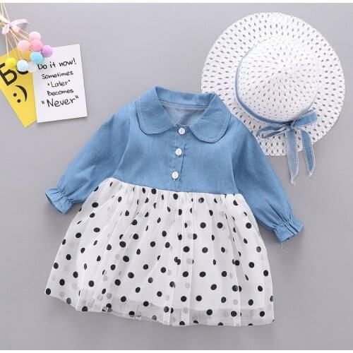 Baby Dresses with Hat 2019 New Spring Autumn Long Sleeve Girls Denim Dress A-line Mesh Newborns Princess Holiday Clothing