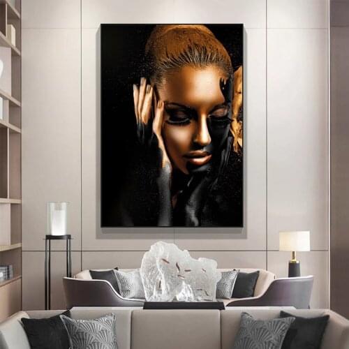 Black and Gold African Woman Paintings Canvas Home Decor Wall Art Posters and Prints for Living Room Decor