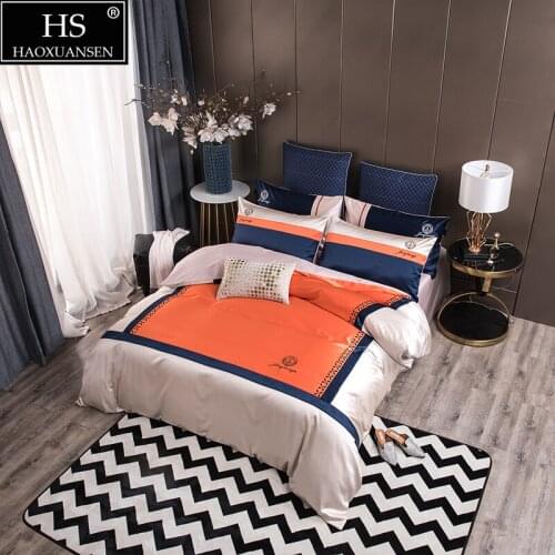 Business Bedding Set Embroidery Duvet CoverBed line Bedsheet/Fitted Sheet Pillowcase Double Bed Striped Square Geometry Design