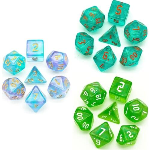 Poludie 7Pcs/Set DND Dice Set Cyan Smog Golden Font Polyhedral Dice D4 D6 D8 D10 D% D12 D20 for Role Playing Game RPG MTG D&D