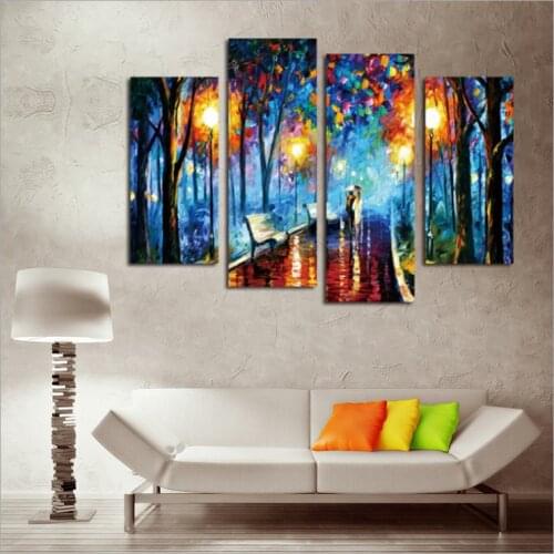 Palette Knife 4 Pieces Abstract Canvas Art Prints Oil Painting for Living Room Wall Art Picture Lovers Walking in Rainy Night