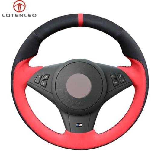 LQTENLEO Hand-stitched Steering Wheel Cover Black Red Suede For BMW E60 E61 Touring 530d 545i 550i E63 Coupe E64 630i 645Ci 650i