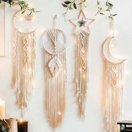 Nordic Boho LED Dreamcatcher Handmade Woven Moon Dream Catchers with Led Light Cotton Macrame Wall Hanging Room Home Decoration