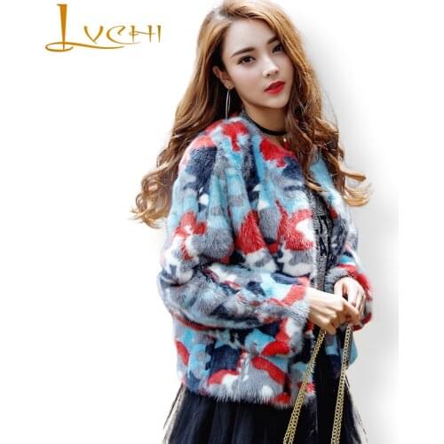 LVCHI Winter womens Camouflage new desgin Fashion coat female mink coats Fur coat natural fur O-neck Short Jacket 2019