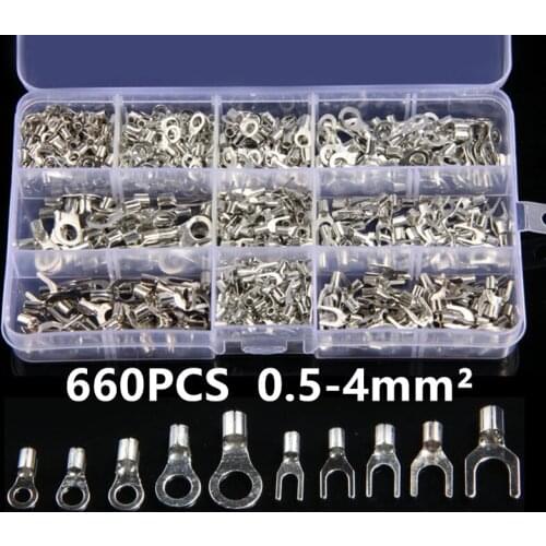 660PCS Non-Insulated Ring Fork U-type Brass Terminals Assortment Kit Cable Wire Connectors Crimp Spade Terminals 0.5-4mm2