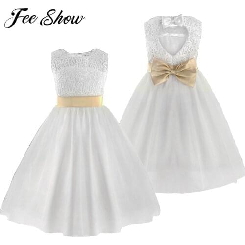 White Flower Girl Dress Kids Pageant Birthday Formal Party Lace Long Dress Bowknot First Communion Dress Prom Gown 2-12Y
