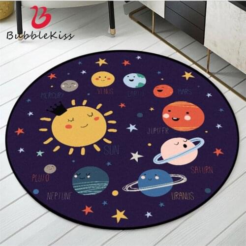 Bubble Kiss Color Cartoon Space Planet Pattern Round Carpet Rugs for Children Rooms Grey Modern Home Decor Polyester Floor Mat