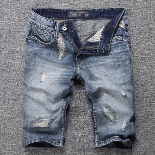 Summer Italian Fashion Men Jeans Retro Blue Destroyed Embroidery Ripped Denim Shorts Patches Designer Hip Hop Short Jeans Men