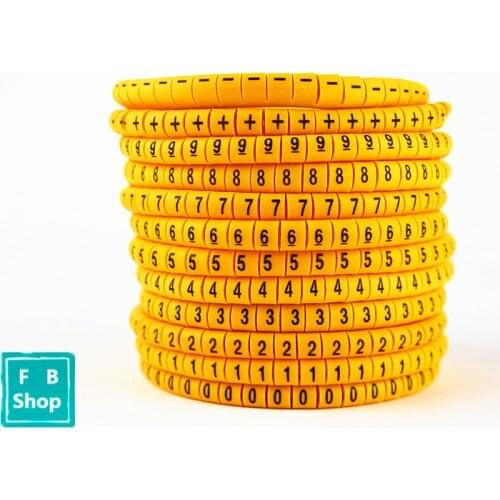 EC-0,EC-1,EC-2,EC-3 600PCS (Each50pcs ) yellow Cable Markers Letter 6sq.mm 0 to 9 + - X for wire diameter Cable Markers