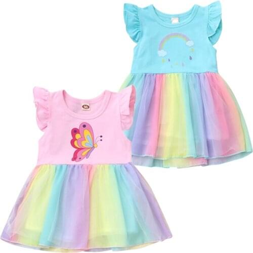 Summer Dress For Girls Flying Sleeve 2 Color Soft Toddler Dresses Kids Clothes Top Butterfly Print Lace Party Dress 2-6 Years