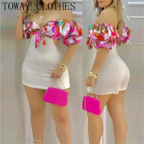 Summer Women Puff Sleeve Off Shoulder Floral Print Cutout Tie Front Romper Short Sleeve Chic Jumpsuit