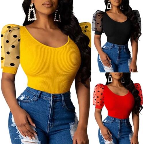 Summer Ladies Women Vintage Sexy Short Sleeve Low Cut Rib Polka Dot Puff Sleeve Skinny Club Fashion T Shirts Tops