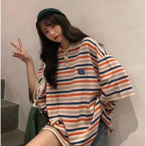 2021Summer Korean Style Striped Polo Short-Sleeved t-Shirt Womens Top Harajuku Style Fun Vintage Kawaii Clothes For Teenagers