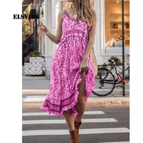 Spring And Summer New Fashion Womens Casual Elegant Sexy Suspender A-Line Dress Bohemian Mid-Length Holiday Beach Skirt Ladies